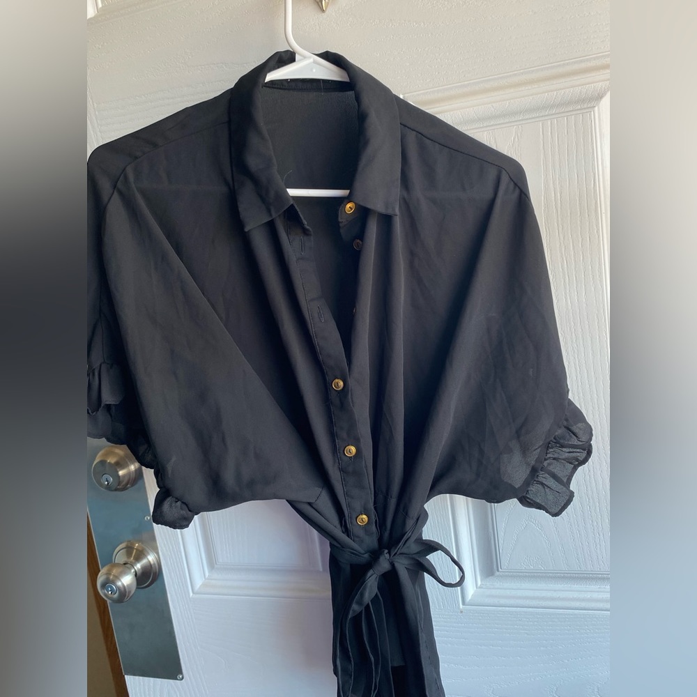 Black sheer oversized button down blouse with waist tie